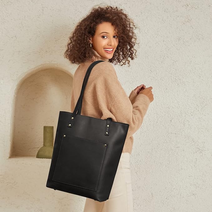 S-ZONE Leather Tote Bag for Women Work Handbag with Luggage Sleeve | Top Grain Genuine Leather, Padded Laptop Compartment, Multi Pockets, Large Retro Purse, Travel Everyday - Image 2