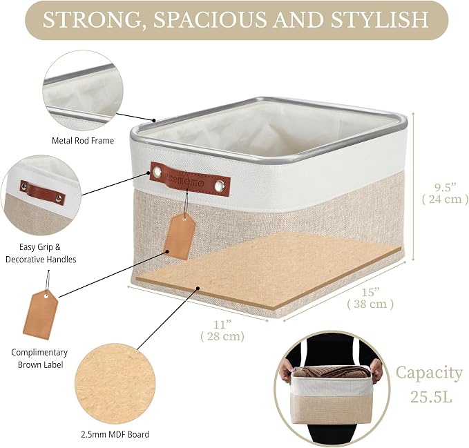 DECOMOMO Storage Bins, Large Fabric Storage Baskets for Shelves 4 Pack | 15 x 11 x 9.5 inches Decorative Linen Closet Organizers (Beige & White) - Image 3