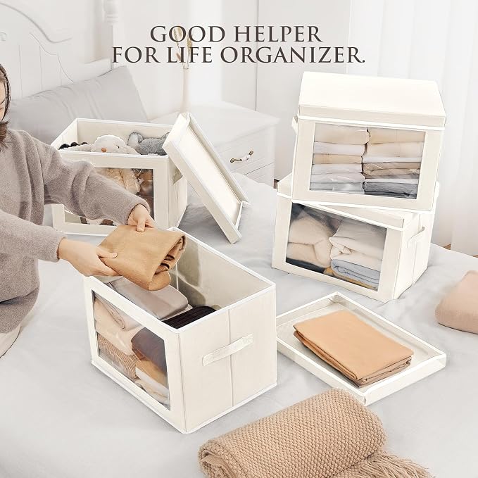 Stackable Storage Bins with Lids - Medium Storage Box with Lids, Foldable Closet Boxes for Organizing, Wardrobe Clothes Organizer with Window, Fabric Bins for Living Room, 6 Pack, Beige - Image 2