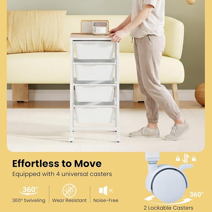 GOFLAME 4-Drawer Rolling Storage Cart, Craft Storage Cart with Wooden Tabletop and Lockable Wheels, Art Cart Supply Storage Organizer with Metal Frame for Home Office Classroom, White - Image 6