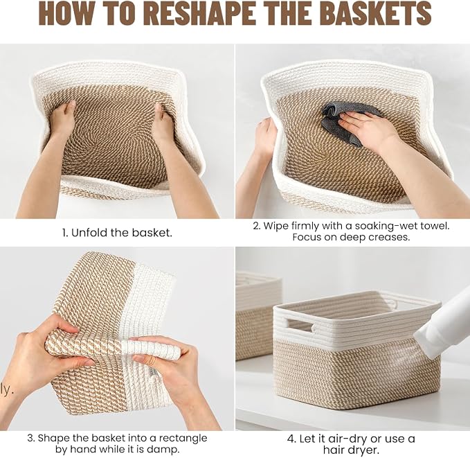 5 Pack Woven Storage Baskets, Decorative Storage Bins for Organizing | 13.8'' × 9.8'' × 7.9'', Cotton Rope Basket Organizer for Closet, Shelves, bathroom, Nursery, Toys, Books, Pantry, Khaki/White - Image 6