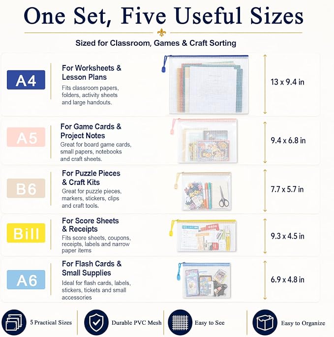 25 Pack PVC Mesh Zipper Pouches with 1 Organizer Bag, 26pcs | A4 A5 A6 Bill B6 Translucent PVC Pouches for Board Game Organization Puzzle Storage Cards Crafts and Project Parts - Image 4