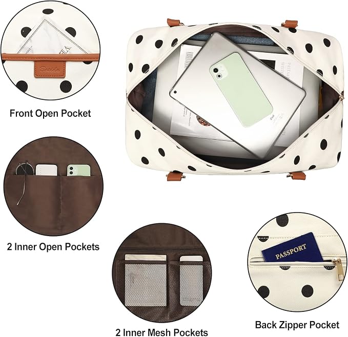 3Pcs Set Polka Dots Weekender Bags for Women Canvas Carry On Overnight Bag Travel Duffle Tote Bag for with Shoes Compartment, Brown - Image 4