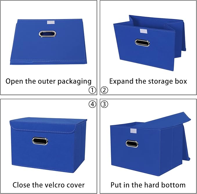 Linen Fabric Foldable Collapsible Storage Cube Bin Organizer Basket Fabric Storage Bins with Lid, Leather Handles, Removable Divider for Home, Closet, Dark Blue 3Pcs - Image 6