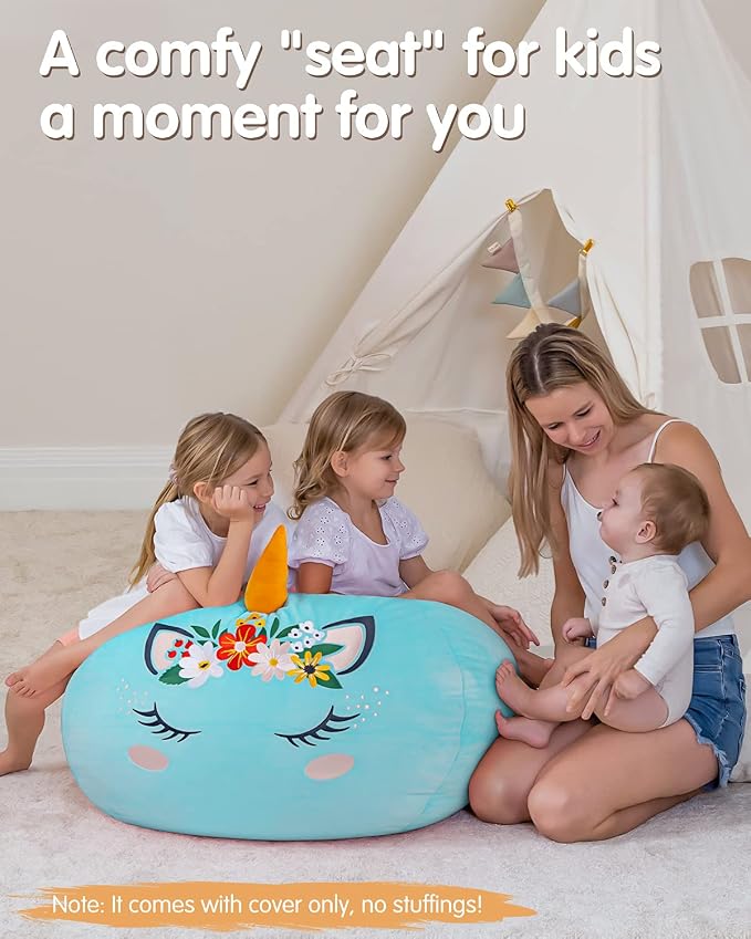 Aubliss Bean Bag Cover for Stuffed Animal Storage - Unicorn Bean Bag | Velvet Cover (No Beans) - Large Stuff 'n Sit Organization for Kids Toy Storage (Large, Cyan) - Image 6