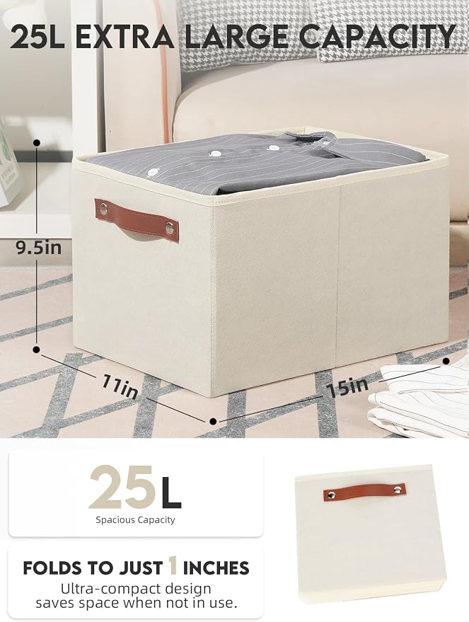 [6-Pack] Fabric Storage Bins Reinforced 2.5mm Cardboard Shelf Bins with PU Leather Handles (15x11x9.5 ) Durable Storage Baskets for Closet Organization, Toy Organizer, & Home Office Beige - Image 2