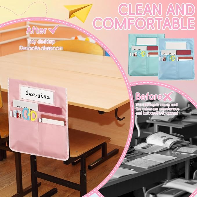 gisgfim 12 Pcs Chair Pockets for Classroom 16.7 x 19.3 Inch s with Name Tag Chairback 3 Pockets Chairs Seat Back Organizer for Elementary School Daycare Home Supply (Pastel) - Image 4