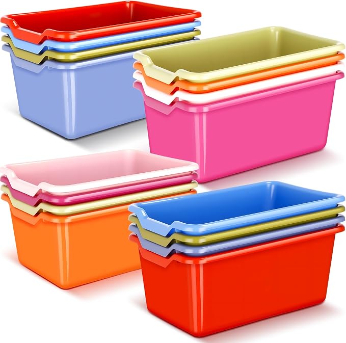 16 Pcs Cubby Bins for Classroom Plastic Book Bins,Vintage Color | Storage Bins for Classroom Library, Plastic Stackable Toy Tubs Containers for School Office Home Nursery Playroom by Dandat