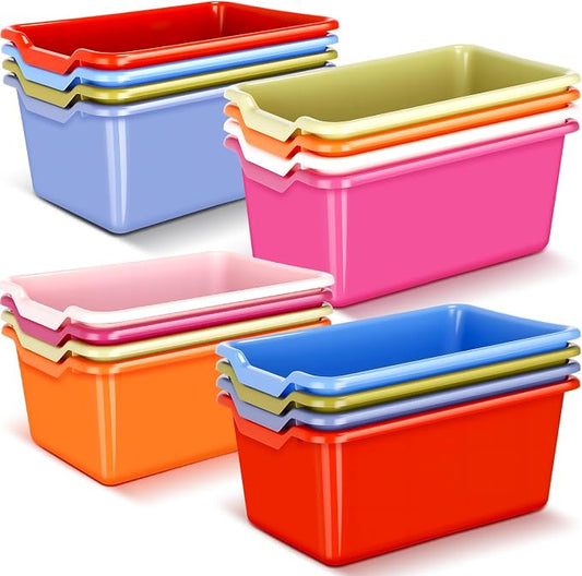 16 Pcs Cubby Bins for Classroom Plastic Book Bins,Vintage Color | Storage Bins for Classroom Library, Plastic Stackable Toy Tubs Containers for School Office Home Nursery Playroom by Dandat