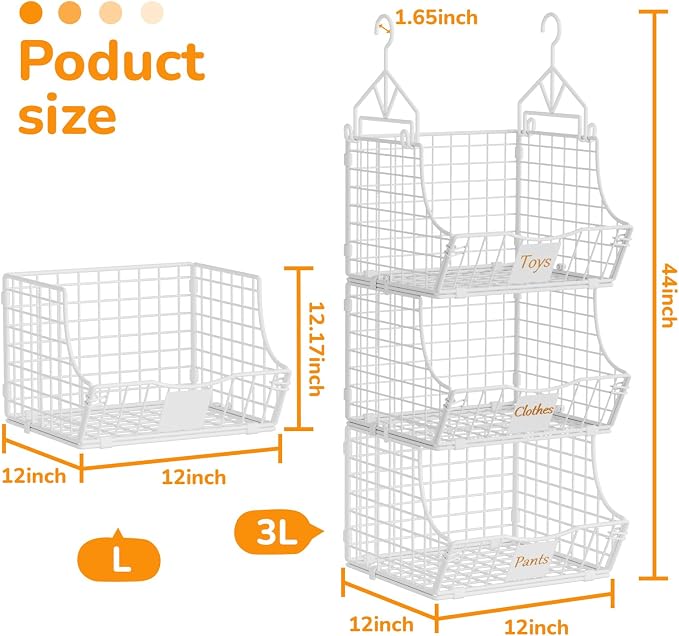 Hanging Closet Organizers and Storage, 3 Tier Closet Shelf Clothes Organizer with 2 S-Hooks, Multi-Functional Iron Wire Baskets, for Clothing, Sweaters, Handbags, Hat, Canned - Image 2