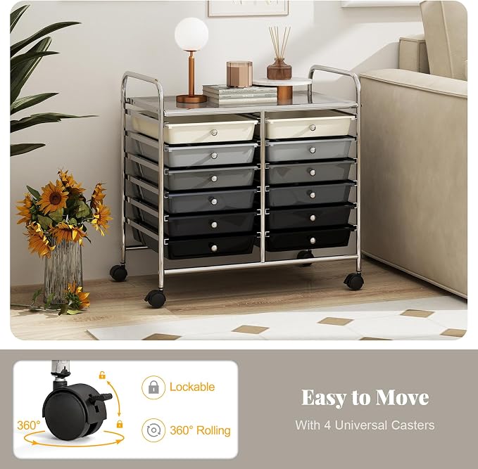 RELAX4LIFE 12-Drawer Rolling Storage Cart - Mobile Utility Cart on Wheels for School Classroom Teacher Office Salon, Paper File Art Supply Craft Organizer, Rolling Cart with Drawers (Gradient Black) - Image 5