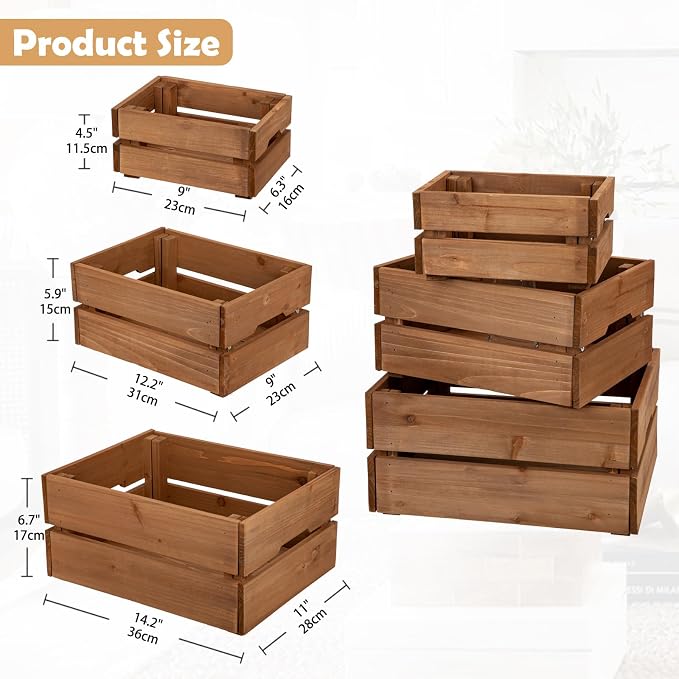Set of 3 Rustic Wooden Storage Crates - Vintage Wood Storage Boxes with Handle for Home Organization Wooden Container Boxes Wood Baskets for Display Kitchen Pantry Cabinet Shelf Counter Home Decor - Image 5