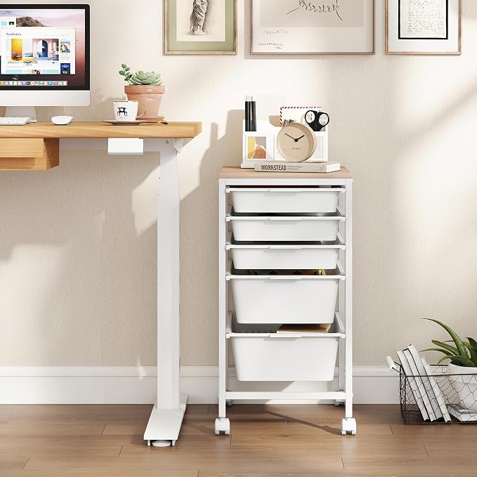 Giantex Rolling Storage Cart with 5 Drawers, Utility Cart w/Wooden Tabletop, Lockable Wheels, Multipurpose Organizer for Art Craft Books Paper, Drawer Carts for Dorm Classroom Office, White - Image 2