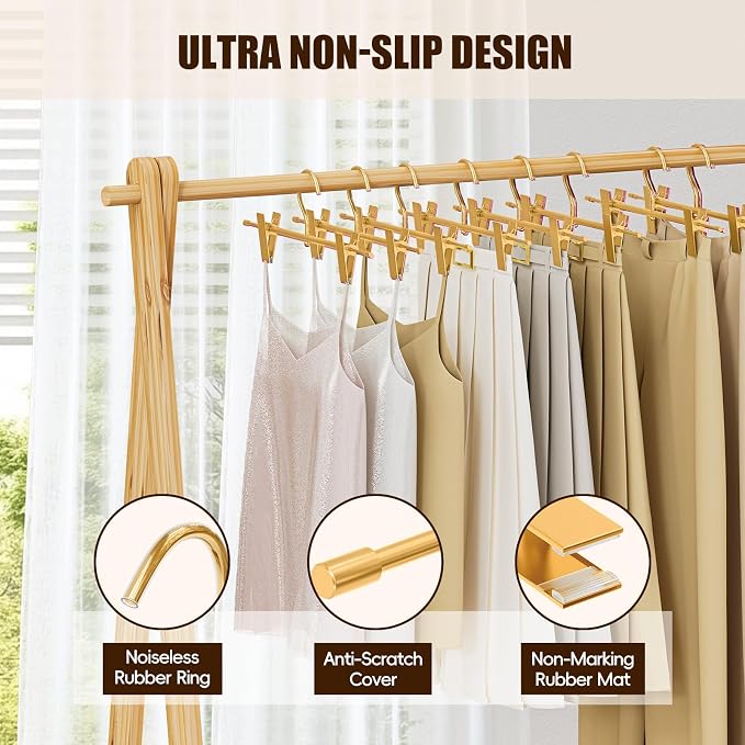 20 Pack Gold Metal Pants Skirt Hangers with Clips & Swivel Hooks | Lightweight Aluminum & Sturdy, Non-Slip Pads for Trouser, Skirts, Jeans, Scarf, Camisoles, Kids & Adults - Image 3