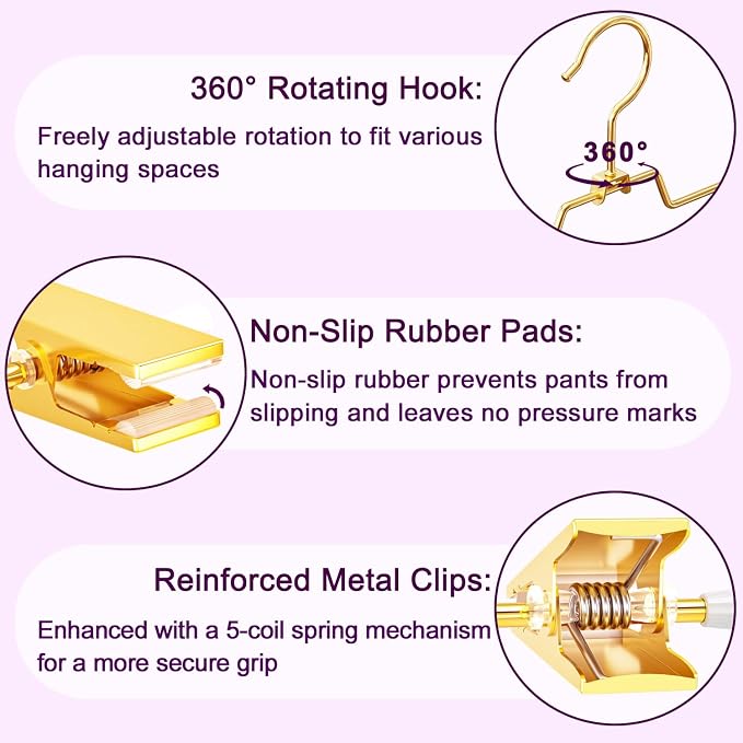 30Pack Heavy Duty Metal Pants Hangers,Pants Hangers with 2 Adjustable Clips | Gold Skirt Hangers with 360° Swivel Cost Hook, Space-Saving Shorts Hangers for Pants, Jeans, Slacks, Short Skirt - Image 4