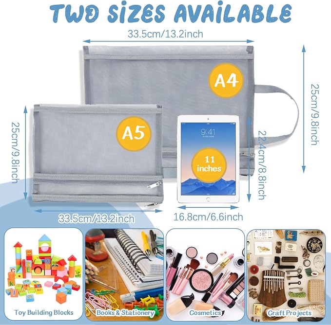 Colored Mesh Zipper Pouch Bags, 5 Pcs A4 & 5 Pcs A5 Double-Layer Toy Storage Bags With Zipper, Nylon Board Game Storage, Breathable See Through Pouch With Handle Pocket For School Office Games - Image 3
