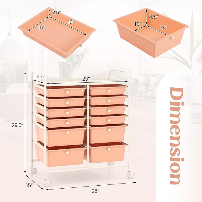 12 Drawer Rolling Storage Cart, Craft Cart Organizer on Wheels w/Metal Frame, Large Capacity & Smooth Drawer, Rolling Cart w/Drawers for Classroom, Office - Image 3