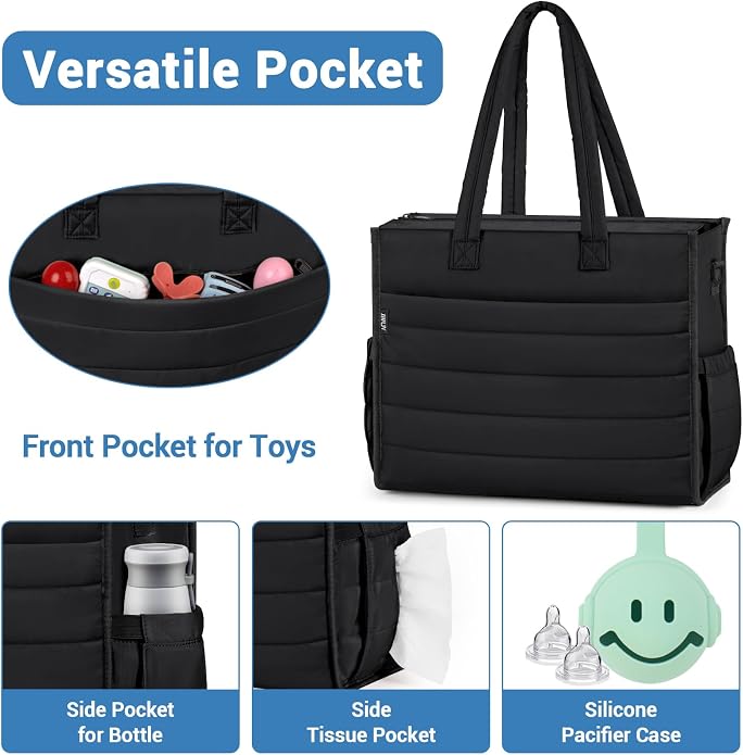 Diaper Bag Tote for Baby, Large Hospital Mommy Bag for Labor Delivery | Lightweight Puffy 4pcs Diaper Tote with Changing Pad, Toiletry Bag and Pacifier Case, Travel, Hospital, Newborn Essentials - Image 4