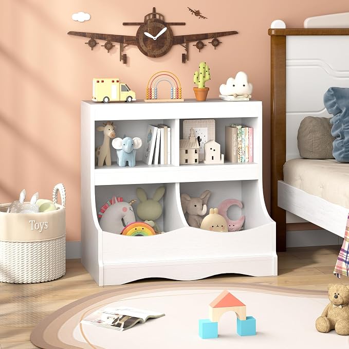 HONEY JOY Kids Toy Storage Organizer, 4-Cubby Wooden Bookcase Cabinet, 2-Tier Open Daycare Shelf for Preschool, Kids Display Bookshelf for Bedroom, Playroom, Classroom & Nursery (White) - Image 9