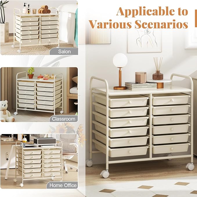 RELAX4LIFE 12-Drawer Rolling Storage Cart - Mobile Utility Cart on Wheels for School Classroom Teacher Office Salon, Paper File Art Supply Craft Organizer, Rolling Cart with Drawers (White) - Image 7