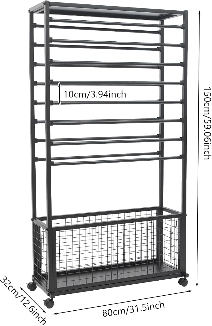 Ribbon Holder Organizer Rack, Double-Sided 16-Layer Ribbon Shelf with Wheel | Ribbon Display Rack, Multifunctional Metal Flower Wrapping Paper Storage Stand for Craft Room Flower Shop, Widen, Black - Image 2