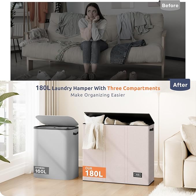 SOLEDI Large Laundry hamper 3 Section with Laundry Bag, XL Clothes Basket | 3-Section Large capacity Laundry Sorter with Odor-Blocking Lid, Robust Iron Frame & Waterproof 600D Fabric, 3 Washable Bags - Image 6