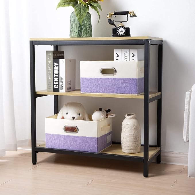 Large Fodable Storage Bins for Closet [3-pack] Decorative Fabric Storage Baskets Cubes with Leather/Metal Handles for Shelves Bedroom Living Room Purple&Cream (14.9x9.8x8.3 Inch) - Image 2