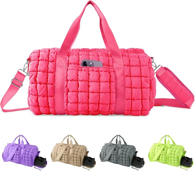 Quilted Travel Duffle Bag Gym Bag for Women,Large Puffer Duffle Weekender Bag with Compartment,Workout Overnight Carry on Organizer Bag Duffle Bag for Airplane Travel(L-Rosered) by XSUIOY