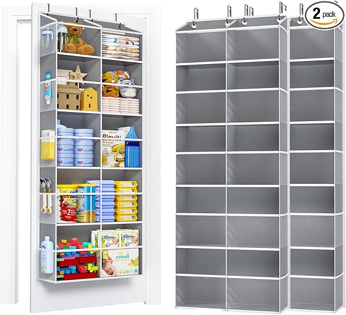 2 Pack 5-Tier Over The Door Organizer with 10 Side Mesh Pockets & Clear Windows, 80 lbs Weight Capacity Hanging Storage for Bathroom, Bedroom, Nursery, Kitchen, Organize Shoes, Diapers(Clear Grey) by PureSpace