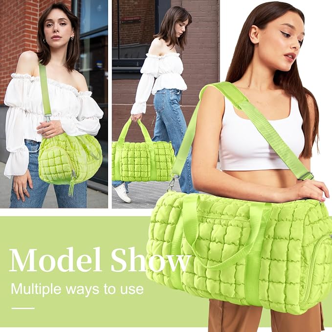 Quilted Travel Duffle Bag Gym Bag for Women,Large Puffer Duffle Weekender Bag with Compartment,Workout Overnight Carry on Organizer Bag Duffle Bag for Airplane Travel(L-Green) - Image 7