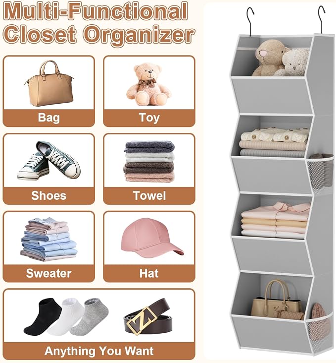 Hanging Closet Organizer 4 Shelf Collapsible Bedroom Closet Organizers and Storage Hanging with Mesh Pockets for Clothes, Fabric Hanging Storage Bins for Wardrobe Closet Organization and Storage, Grey - Image 6
