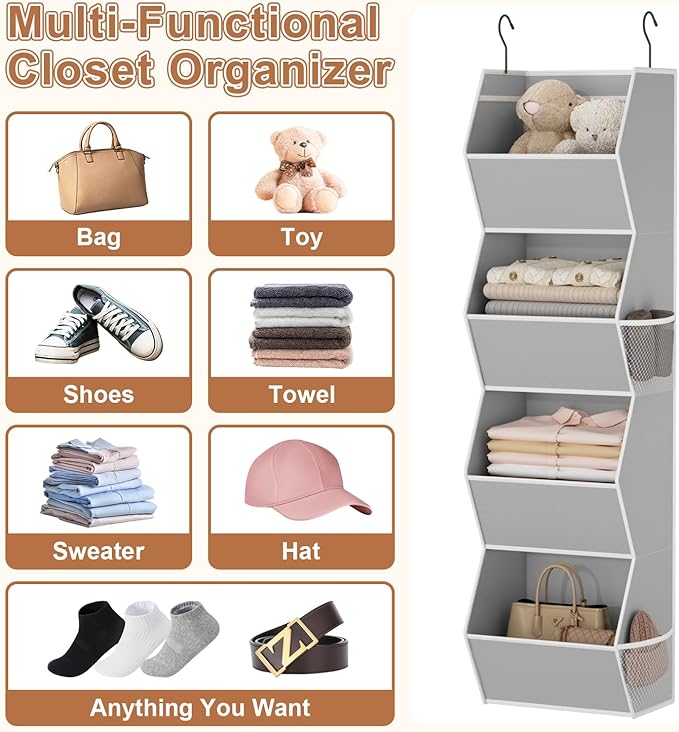 Wawocs 4 Shelf Hanging Closet Organizers and Storage for Kids 2 Packs, Grey | Hanging Shelves for Closet Organization, Hanging Closet Storage for Wardrobe Organizer, Closet Hanging Organizer for Bedroom - Image 5