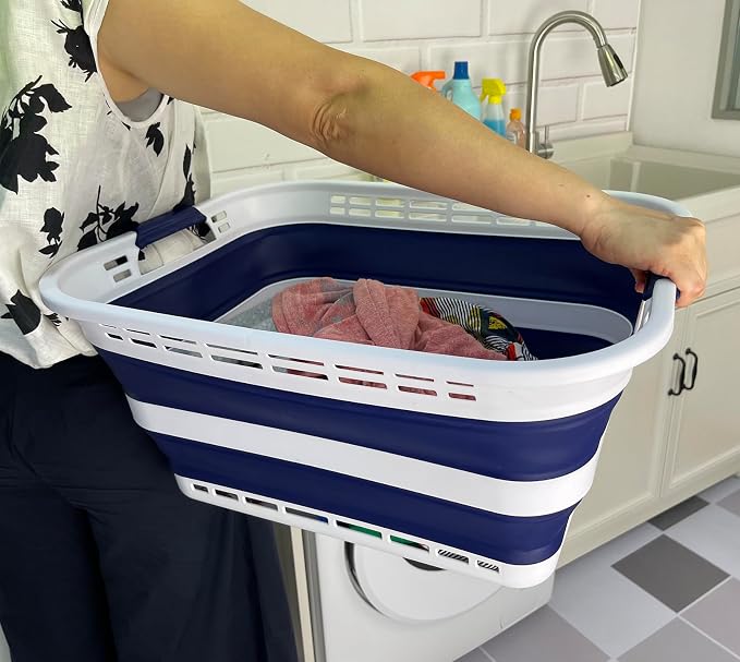 SAMMART 42L (11 Gallons) Collapsible Plastic Laundry Basket - Foldable Pop Up Storage Container/Organizer - Portable Washing Tub - Space Saving Hamper/Basket [BPA Free] (White/Starry Blue (Set of 2)) - Image 3