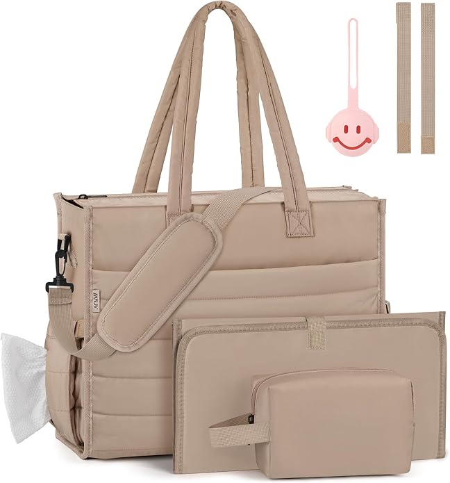 Diaper Bag Tote for Baby, Large Hospital Mommy Bag for Labor Delivery | Lightweight Puffy 4pcs Diaper Tote with Changing Pad, Toiletry Bag and Pacifier Case, Travel, Hospital, Newborn Essentials by IBFUN