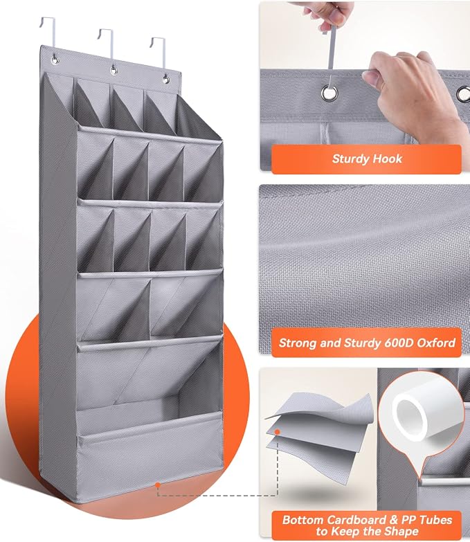 FENTEC 1 Pack Over-the-Door-Shoe-Organizers, Hanging Organizer Large Pocket | Shoe Holder Hanging Shoe Rack for Closet Shoe Organizer for Wall, Over Door Organizer with 15 Pockets for Boot, Sneaker, Gray - Image 3