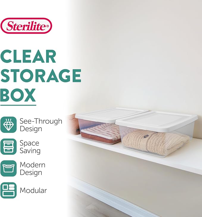 Sterilite Storage Box Stackable Tote, White, 12 Quart, 12 Pack | Clear Plastic Container with Secure Snapping Lids for Home and Office Organization - Image 2