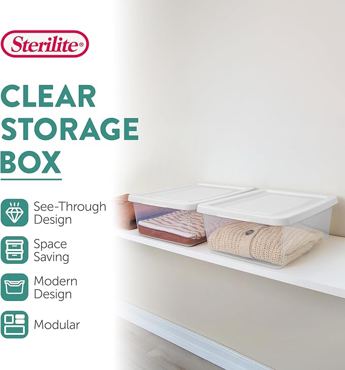 Sterilite Storage Box Stackable Tote, White, 12 Quart, 24 Pack | Clear Plastic Container with Secure Snapping Lids for Home and Office Organization - Image 2