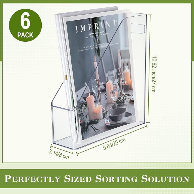 Marsui 6 Pcs Clear Acrylic Magazine Holder with Handle Desk Organizer | Vertical File Rack for School Locker and Office, Plastic Storage Organizer, Space-saving Supplies for Home Work and Study - Image 2