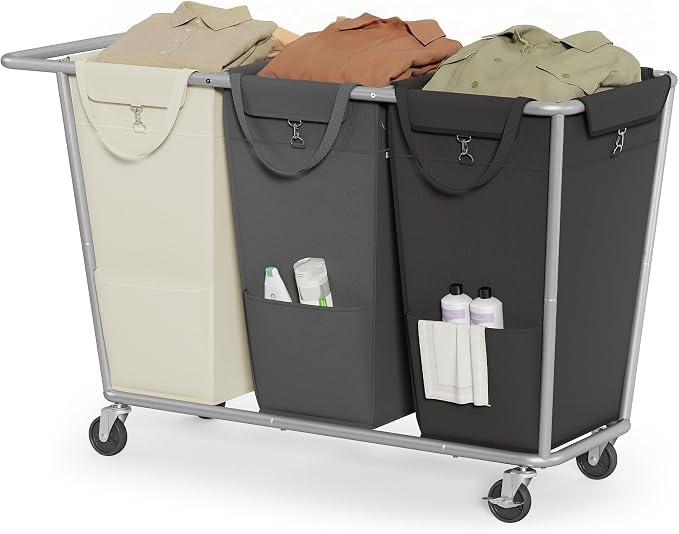 SONGMICS Laundry Basket with Wheels, 3-Section Laundry Sorter, 76.6 Gallons (290 L) Rolling Hamper with Removable Bags, Heavy-Duty Steel Frame, Cream White, Dark Gray and Ink Black URLS010X01 by Unknown