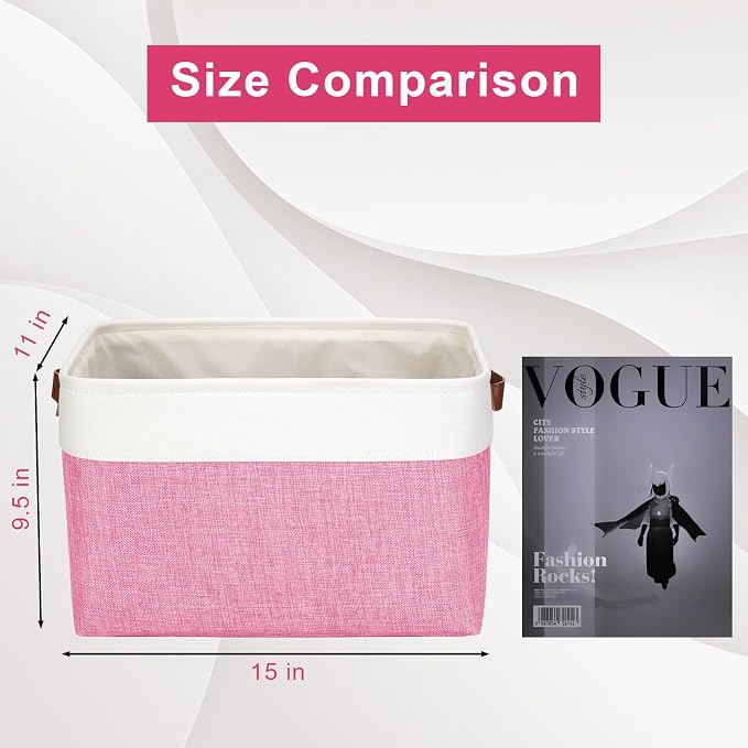 Storage Bins Large Fabric Storage Baskets for Shelves 3 Pack, Decorative Linen Closet Baskets with Handles for Organizing, Shelf, Clothes, Home, Office, 15x11x9.5Inches (Pink&White) - Image 3