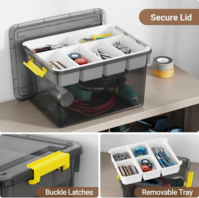 40Qt Stackable Storage Bins with Lid Tray Craft Box Organizer, 1Pack,GY | Clear Plastic Latching Boxes Organizers with Dividers Portable Containers for Arts & Crafts, Home Office Classroom Car Trunk - Image 4