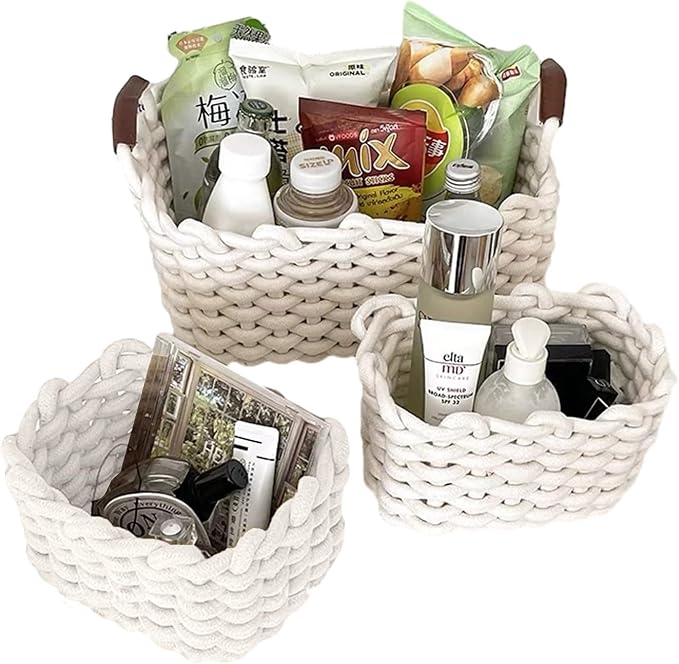 3 Pack Small Cotton Rope Basket with Handles Woven Storage Basket Rectangle Stackable Nursery Storage Baskets Decorative Shelf Basket Organizer Gift Baskets for Toys Small Items(White) by Typutomi