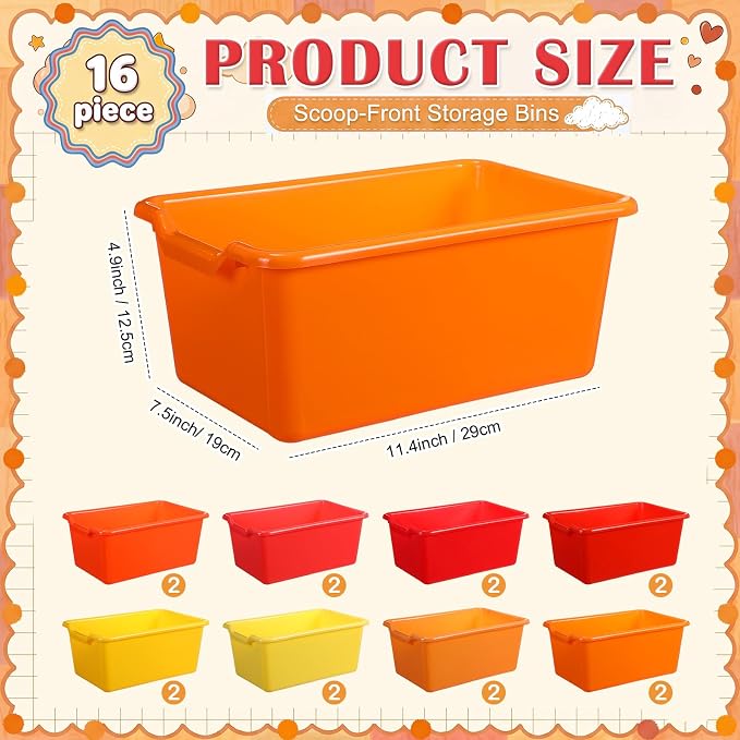 16 Pcs Cubby Bins for Classroom Plastic Book Bins,Warm Series | Storage Bins for Classroom Library, Plastic Stackable Toy Tubs Containers for School Office Home Nursery Playroom - Image 2