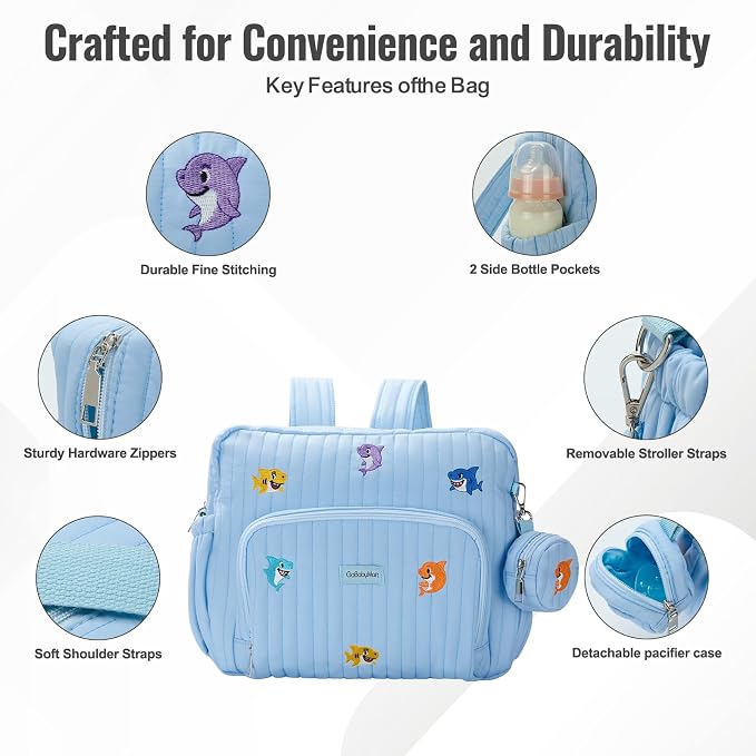 Diaper Bag Backpack with Changing Pad - Travel Baby Bag, Insulated Bottle Pockets, Stroller Straps (Medium - Blue Sharks) - Image 3