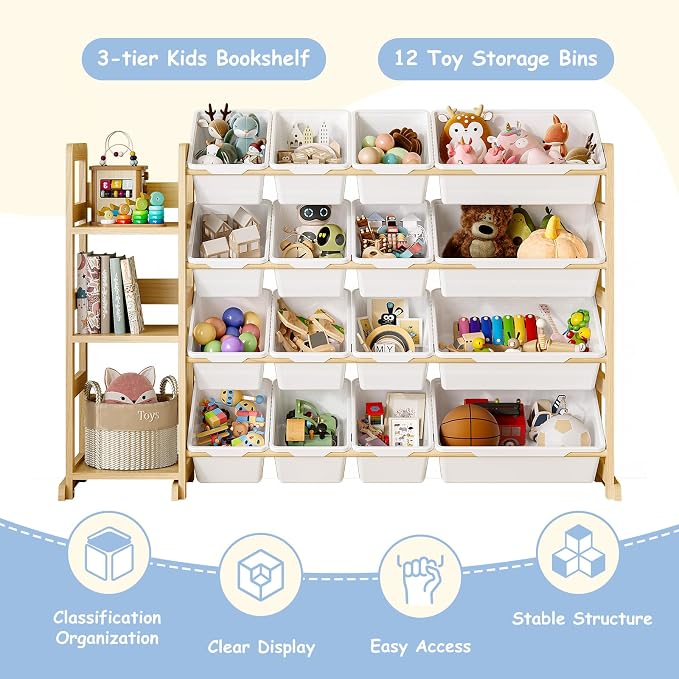 EXPERLAM Toy Storage Organizer, Toy Storage Shelf with 3 Shelves and 16 Storage Bins (12 Small + 4 Large), 3-in-1 Kids Bookshelf for Kids Rooms, Playroom, Nursery, White - Image 7