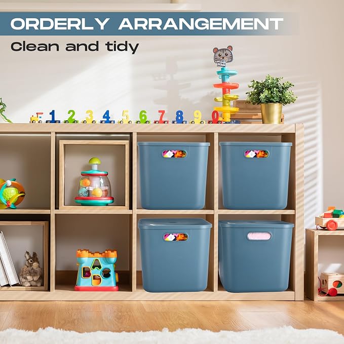 8 Pack Storage Bins, 14.2 X 10.2 X 9.5 Inch Blue | Plastic Stackable Containers with Lid Handle, For Shelves Desktop Playroom Office, Organizing Toys Books Supplies Storage - Image 6
