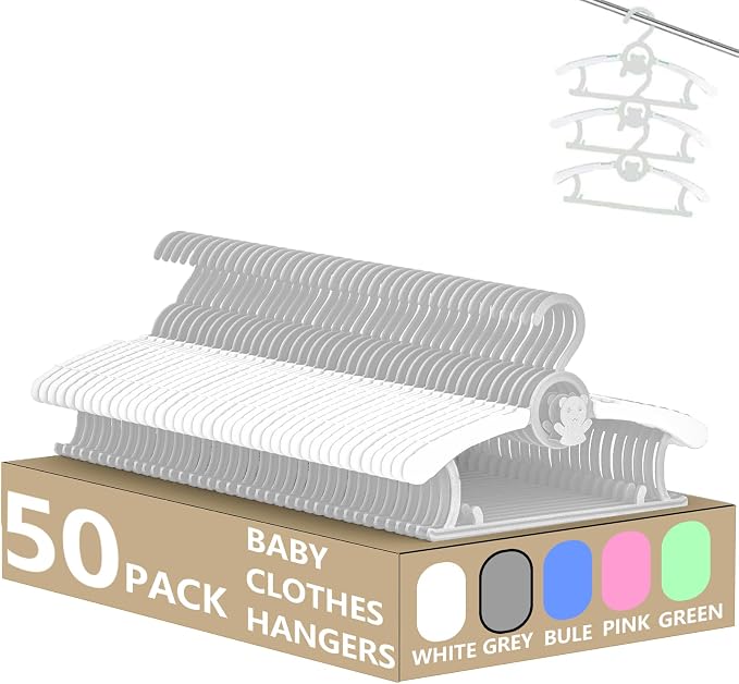 Baby Clothes Hangers 50 Pack, Plastic Kids Hangers Space Saving for Closet | Grey Hanger for Toddler Girl and Boy - Lightweight Anti-Slip Cascading Padded Extendable Adjustable Pant Bear Children Hangar by HGYZE