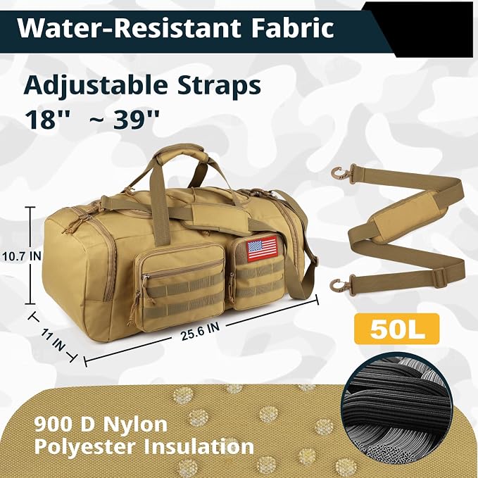 Tactical Gym Bag for Men,50L Large 3-in-1 Sports Duffle Bag for Travel Gym | Water Resistant ,Adjustable Shoulder Strap,MOLLE Weekender Overnight Bag with Shoes Compartment,Gym Backpack for Gym,Travel - Image 4
