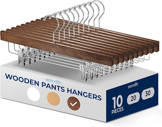SereneLife 10 Pack Retro Wooden Pants Hangers with 360 Degree Swivel Hook | Adjustable Non-Slip Steel Clips, Premium Wooden, 360° Swivel Hook, 10 lb Capacity, Space-Saving Heavy-Duty by SereneLife