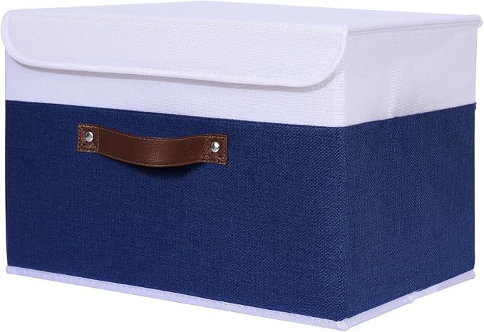 ANMINY Fabric Storage Box Bins with Lids, Blue White, 13"x9"x7.9" | Keepsake Memory Storage, Cotton Linen, PP Board Reinforced, Washable, PU Handles, Foldable & Stackable, Decorative, Medium by ANMINY
